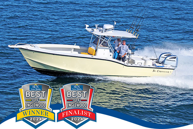 photo of Center Console boat with two Honda outboard motors overlaid with Best of Englewood Awards - Winner and Finalist 2024